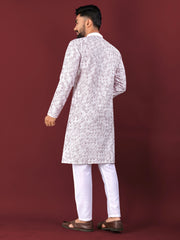 White Wedding Kurta Pajama For Men With Lavender Thread Lucknowi And Sequence Work