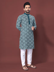 Heavy Work Men's Kurta Pajama In Teal Soft Silk With Sequence Embroidery