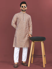 Peach Wedding Mens Kurta Pajama In Silky Silk With Multi Embroidery Flower Work