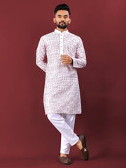 White Wedding Kurta Pajama For Men With Lavender Thread Lucknowi And Sequence Work