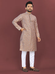 Peach Wedding Mens Kurta Pajama In Silky Silk With Multi Embroidery Flower Work