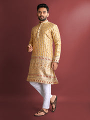 Mustard Wedding Mens Kurta Pajama In Jacquard With Heavy Embossed Work