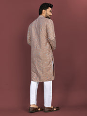 Peach Wedding Mens Kurta Pajama In Silky Silk With Multi Embroidery Flower Work