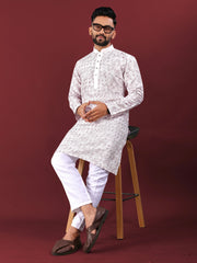 White Wedding Kurta Pajama For Men With Lavender Thread Lucknowi And Sequence Work