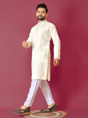 Off White Color Men's Kurta Pajama Set In Roman Silk With Val Moti Hand Work