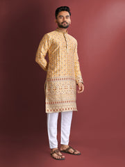Mustard Wedding Mens Kurta Pajama In Jacquard With Heavy Embossed Work