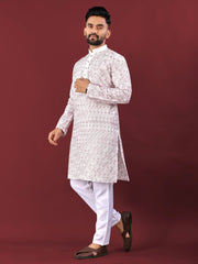 White Wedding Kurta Pajama For Men With Lavender Thread Lucknowi And Sequence Work