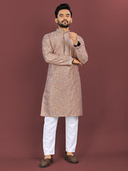 Peach Wedding Mens Kurta Pajama In Silky Silk With Multi Embroidery Flower Work