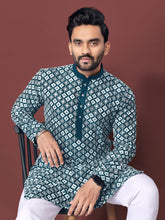 Heavy Work Men's Kurta Pajama In Teal Soft Silk With Sequence Embroidery