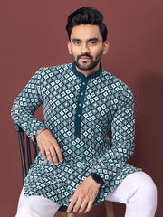 Heavy Work Men's Kurta Pajama In Teal Soft Silk With Sequence Embroidery