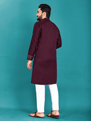 Wine Color Men's Kurta Pajama Set In Soft Silk With Real Mirror Work On Neck