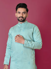 Sky Color Men's Kurta Pajama Set In Roman Silk With Val Moti Hand Work