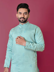 Sky Color Men's Kurta Pajama Set In Roman Silk With Val Moti Hand Work