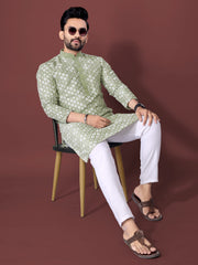 Heavy Work Men's Kurta Pajama In Pista Soft Silk With Sequence Embroidery