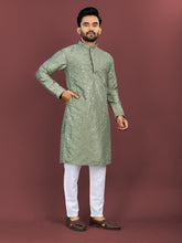 Pista Green Wedding Mens Kurta Pajama In Silky Silk With Multi Embroidery Flower Work