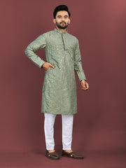 Pista Green Wedding Mens Kurta Pajama In Silky Silk With Multi Embroidery Flower Work