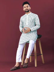 White Wedding Kurta Pajama For Men With Rama Thread Lucknowi And Sequence Work