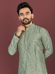 Pista Green Wedding Mens Kurta Pajama In Silky Silk With Multi Embroidery Flower Work