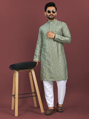 Pista Green Wedding Mens Kurta Pajama In Silky Silk With Multi Embroidery Flower Work