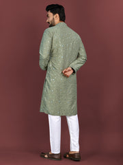 Pista Green Wedding Mens Kurta Pajama In Silky Silk With Multi Embroidery Flower Work
