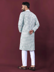White Wedding Kurta Pajama For Men With Rama Thread Lucknowi And Sequence Work