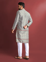 Grey Wedding Mens Kurta Pajama In Jacquard With Heavy Embossed Work