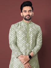 Heavy Work Men's Kurta Pajama In Pista Soft Silk With Sequence Embroidery