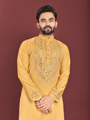 Yellow Color Men's Kurta Pajama Set In Soft Silk With Real Mirror Work On Neck