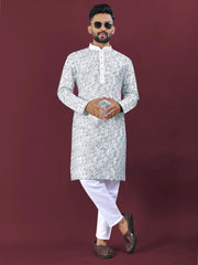 White Wedding Kurta Pajama For Men With Rama Thread Lucknowi And Sequence Work