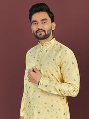 Yellow Wedding Mens Kurta Pajama In Silky Silk With Multi Embroidery Flower Work