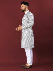 White Wedding Kurta Pajama For Men With Blue Thread Lucknowi And Sequence Work