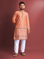 Peach Wedding Mens Kurta Pajama In Jacquard With Heavy Embossed Work