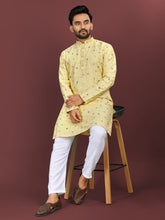 Yellow Wedding Mens Kurta Pajama In Silky Silk With Multi Embroidery Flower Work