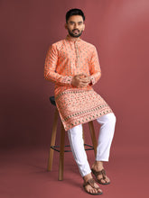 Peach Wedding Mens Kurta Pajama In Jacquard With Heavy Embossed Work
