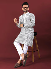 White Wedding Kurta Pajama For Men With Blue Thread Lucknowi And Sequence Work