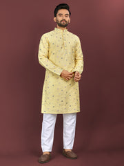 Yellow Wedding Mens Kurta Pajama In Silky Silk With Multi Embroidery Flower Work