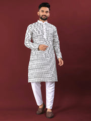 White Wedding Kurta Pajama For Men With Blue Thread Lucknowi And Sequence Work
