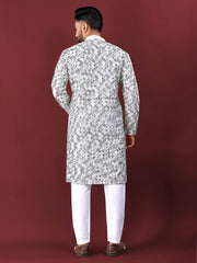 White Wedding Kurta Pajama For Men With Blue Thread Lucknowi And Sequence Work