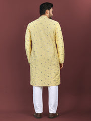 Yellow Wedding Mens Kurta Pajama In Silky Silk With Multi Embroidery Flower Work