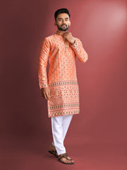 Peach Wedding Mens Kurta Pajama In Jacquard With Heavy Embossed Work