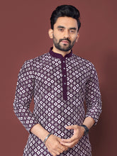 Heavy Work Men's Kurta Pajama In Wine Soft Silk With Sequence Embroidery