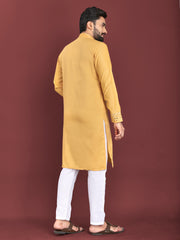Yellow Color Men's Kurta Pajama Set In Soft Silk With Real Mirror Work On Neck
