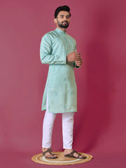 Sky Color Men's Kurta Pajama Set In Roman Silk With Val Moti Hand Work