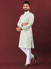 White Wedding Kurta Pajama For Men With Green Thread Lucknowi And Sequence Work