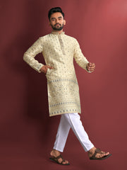 Light Yellow Wedding Mens Kurta Pajama In Jacquard With Heavy Embossed Work