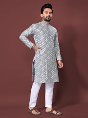 Heavy Work Men's Kurta Pajama In Grey Soft Silk With Sequence Embroidery