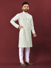 White Wedding Kurta Pajama For Men With Green Thread Lucknowi And Sequence Work