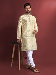 Light Yellow Wedding Mens Kurta Pajama In Jacquard With Heavy Embossed Work