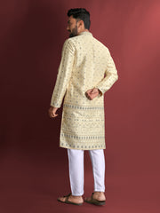 Light Yellow Wedding Mens Kurta Pajama In Jacquard With Heavy Embossed Work