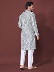 Heavy Work Men's Kurta Pajama In Grey Soft Silk With Sequence Embroidery
